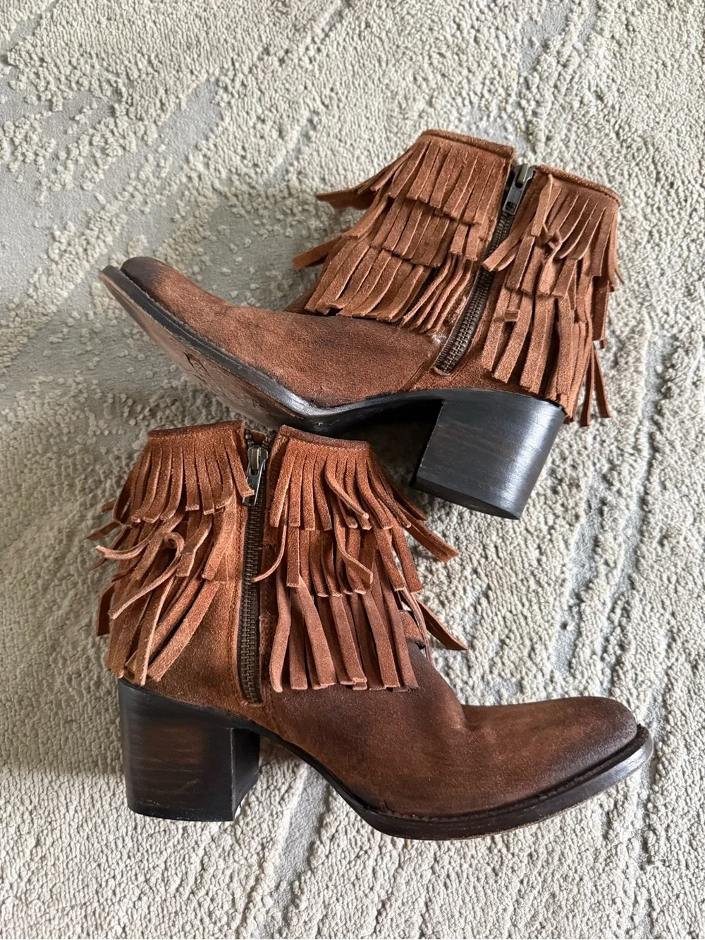 Freebird Suede leather suede brown Fringe Ankle Boots block heel 8